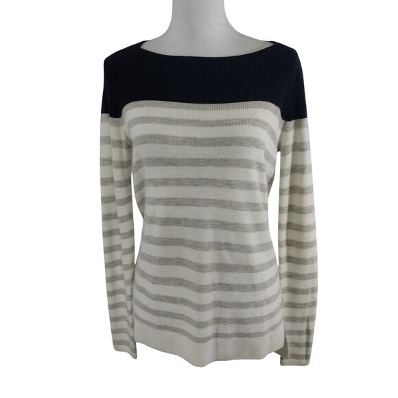 ANN TAYLOR LOFT! RICH BLACK, GRAY & WHITE STRIPED TUNIC STYLE SWEATER! SZ S - Picture 2 of 8